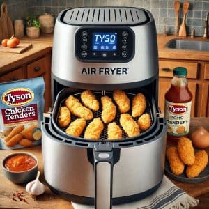 Tyson honey battered chicken tenders arranged in a single layer inside a preheated air fryer basket.