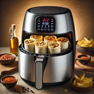 A shot of the air fryer with the burritos cooking inside.