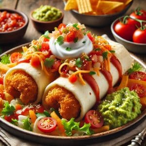 A plate of air-fried burritos garnished with fresh toppings like salsa, guacamole, and sour cream.