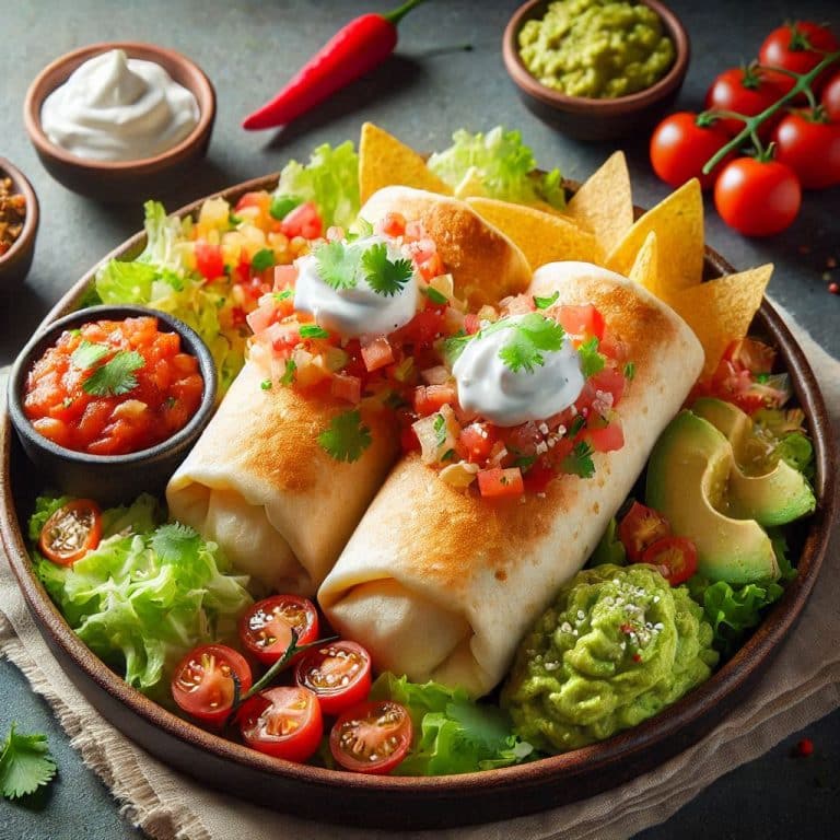 A plate of air-fried burritos garnished with fresh toppings like salsa, guacamole, and sour cream.