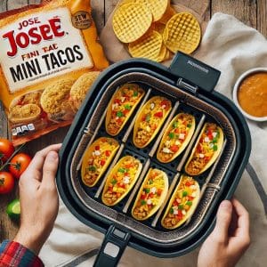 Frozen Jose Ole Mini Tacos arranged in a single layer in an air fryer basket