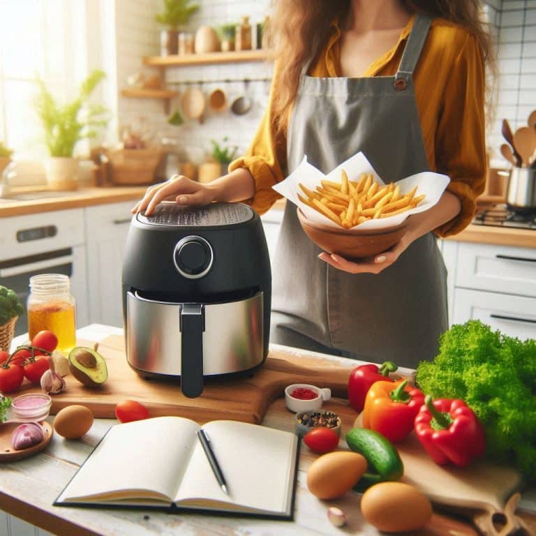 A vibrant and inviting kitchen scene featuring an air fryer on the countertop. A food blogger is seen preparing a delicious dish, with fresh ingredients and a recipe notebook nearby. The air fryer is open, showing crispy golden fries or a well-cooked dish inside. The atmosphere is bright and modern, emphasizing creativity and culinary passion.