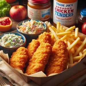 Air-fried Trader Joe's breaded chicken tenders served with fries and coleslaw.