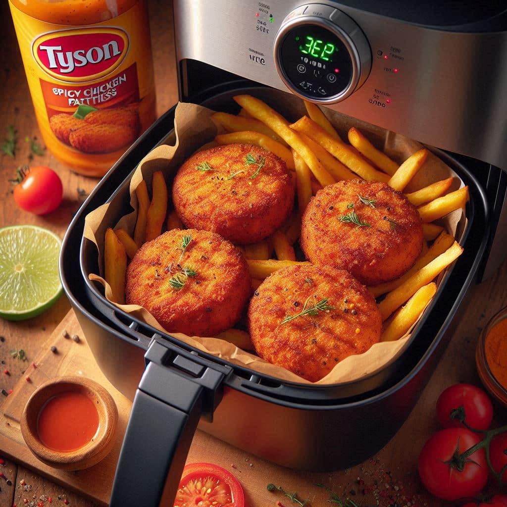 Frozen Tyson spicy chicken patties placed in an air fryer basket